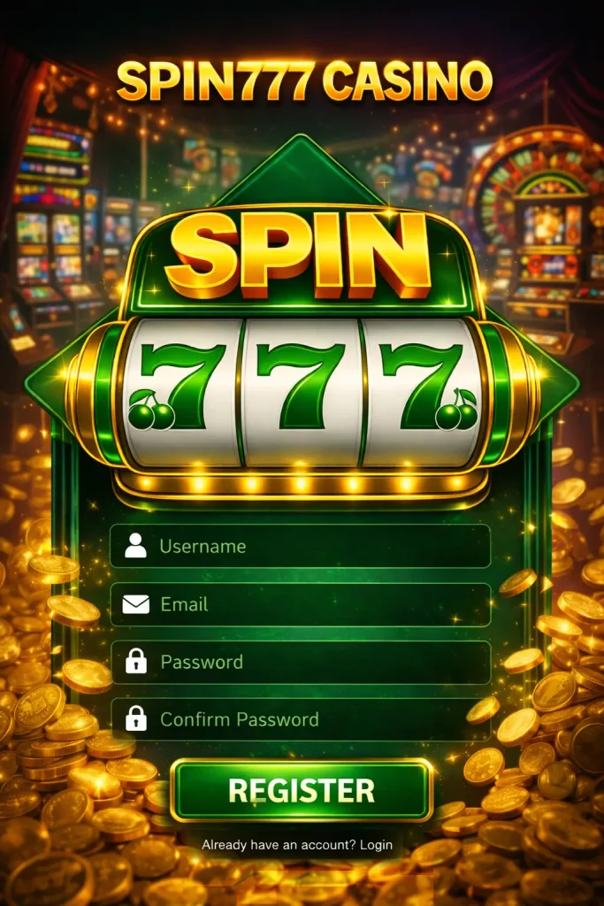 Spin777 Casino registration screen with 777 slot machine, username email password fields and green register button in glowing casino style