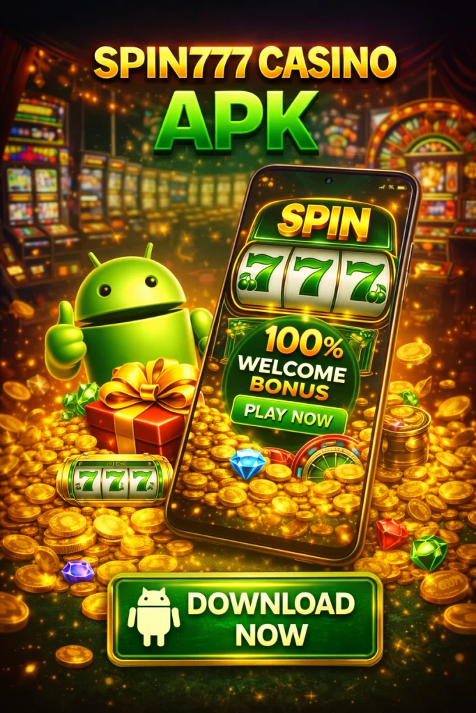 Spin777 Casino APK download screen with smartphone app interface, Android mascot, gold coins and 777 slot machine symbols