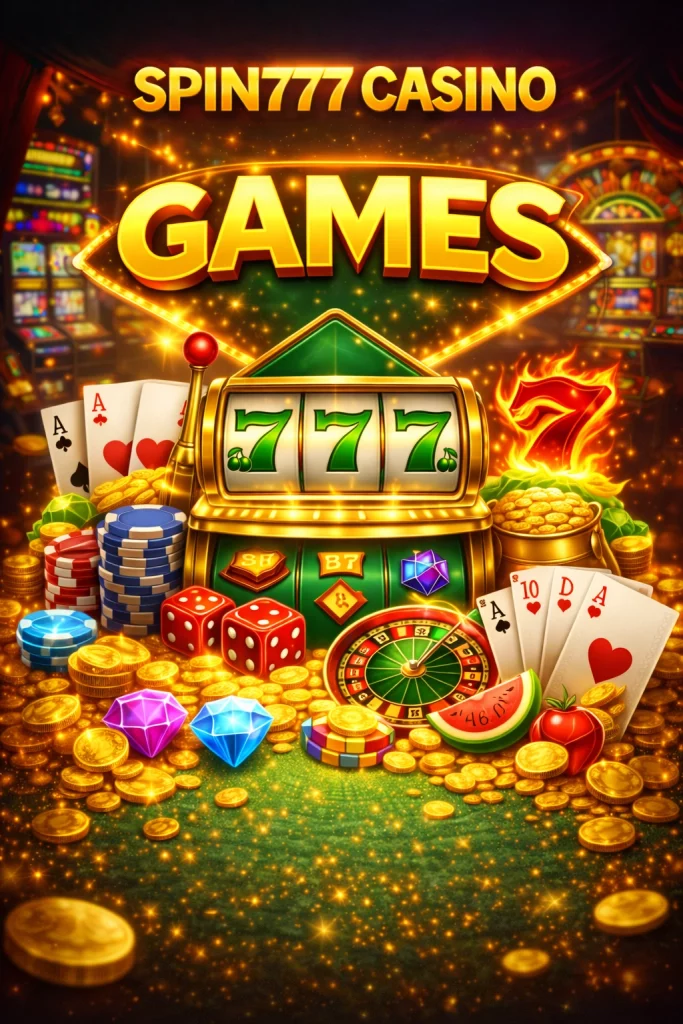 Spin777 Casino games page with glowing 777 slot machine, poker chips, roulette wheel, dice and gold coins in a vibrant casino background