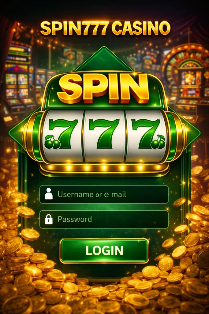 Spin777 Casino login interface with slot machine 777 symbol, username and password fields, and green login button in glowing casino style