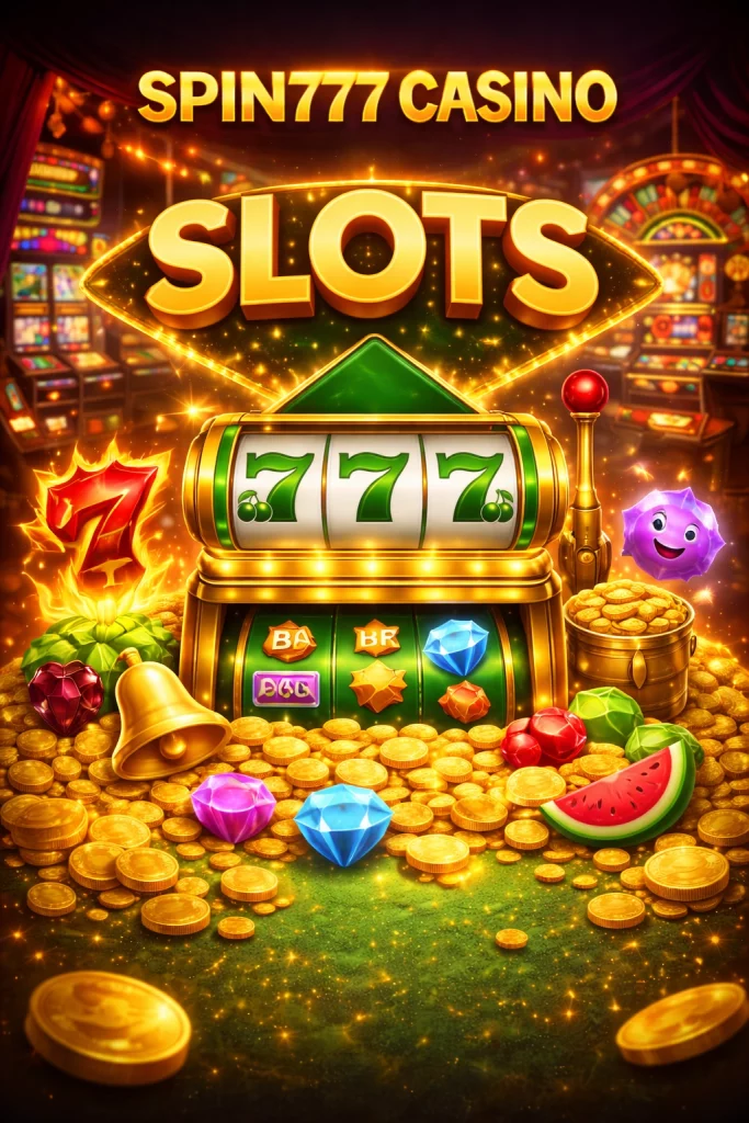 Spin777 Casino slots page with glowing 777 slot machine, gold coins, colorful gems and casino symbols on a vibrant gaming background