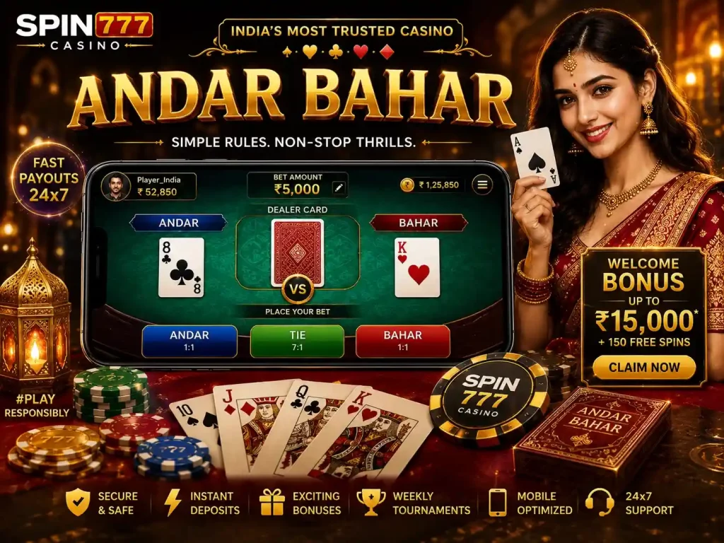 Andar Bahar casino game banner with Indian card gameplay, golden casino chips, mobile gaming interface, traditional Indian atmosphere, and Spin 777 Casino theme
