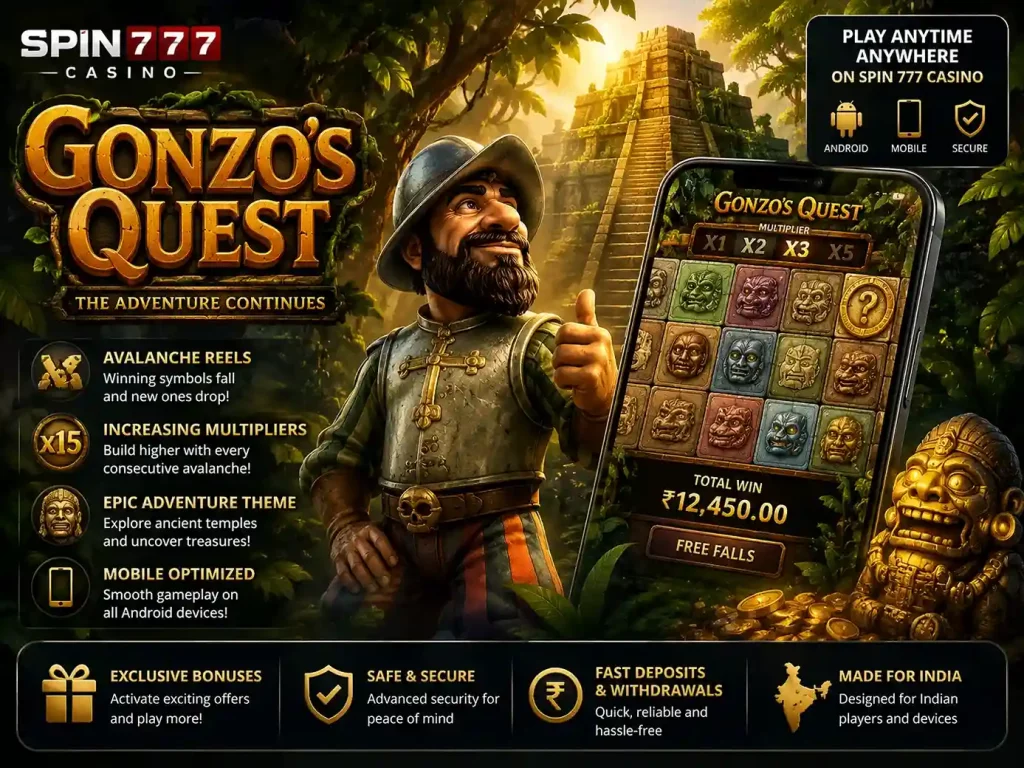 Gonzo’s Quest promotional banner for Spin 777 Casino featuring jungle adventure theme, ancient temple ruins, mobile slot gameplay, golden treasure, cascading reels, and Android casino gaming atmosphere for Indian players