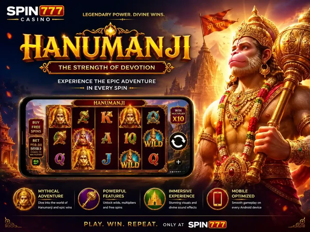 Hanumanji slot game banner with mythological Indian temple background, powerful Hanuman character, glowing golden slot reels, mobile casino gameplay, and Spin 777 Casino atmosphere