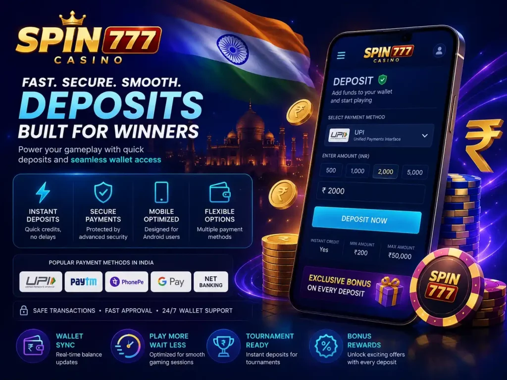 Spin 777 Casino deposits banner with secure mobile wallet system, Indian payment methods, smartphone gaming interface, blue neon casino atmosphere, and synchronized Android transactions