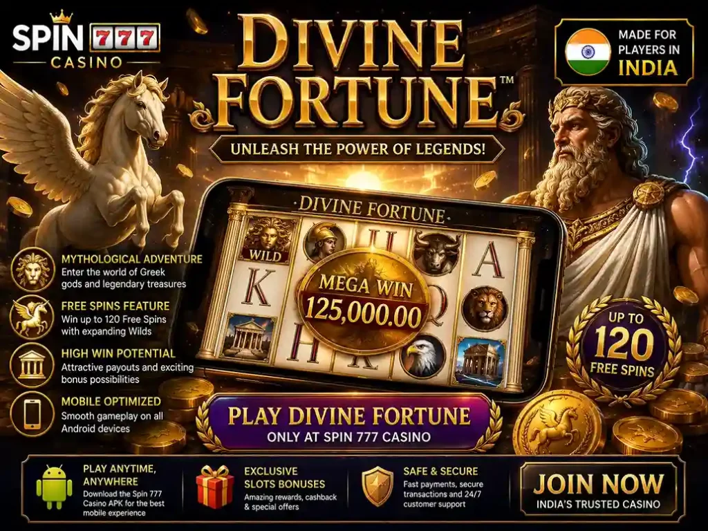 Divine Fortune slot banner with Greek mythology theme, golden treasures, Zeus-inspired character, glowing mobile reels, and premium casino atmosphere for Spin 777 Casino India