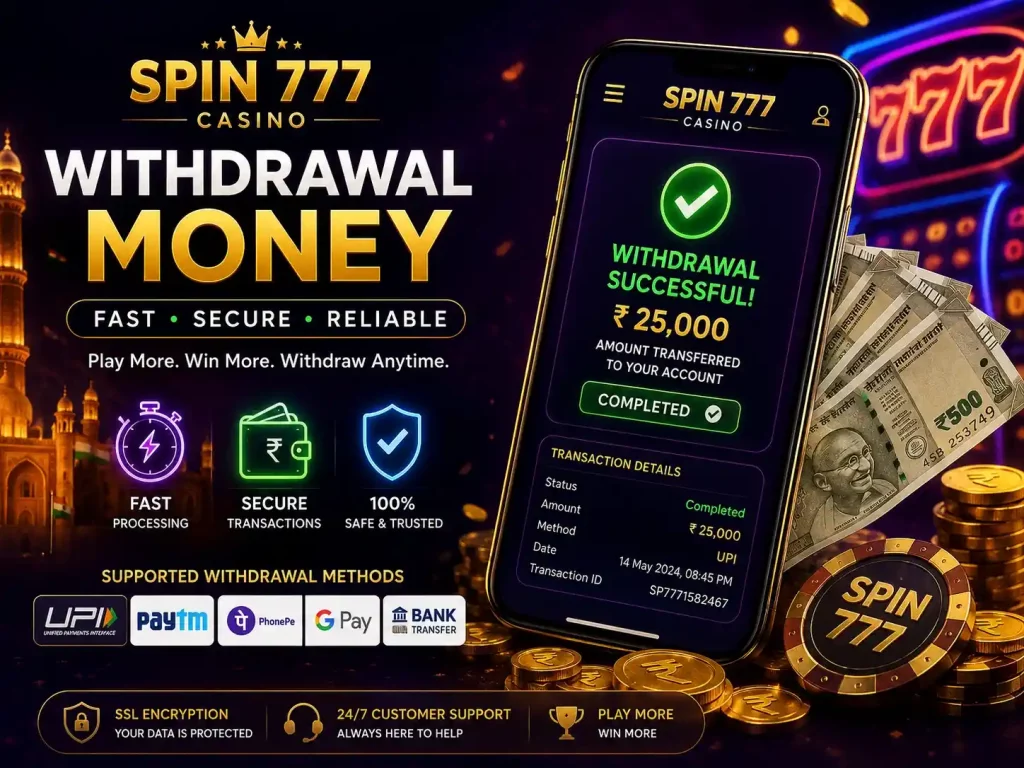 Spin 777 Casino withdrawal money mobile scene with smartphone transaction interface, glowing wallet icons, Indian rupee visuals, synchronized payment systems, neon casino atmosphere, and responsive Android gameplay design.